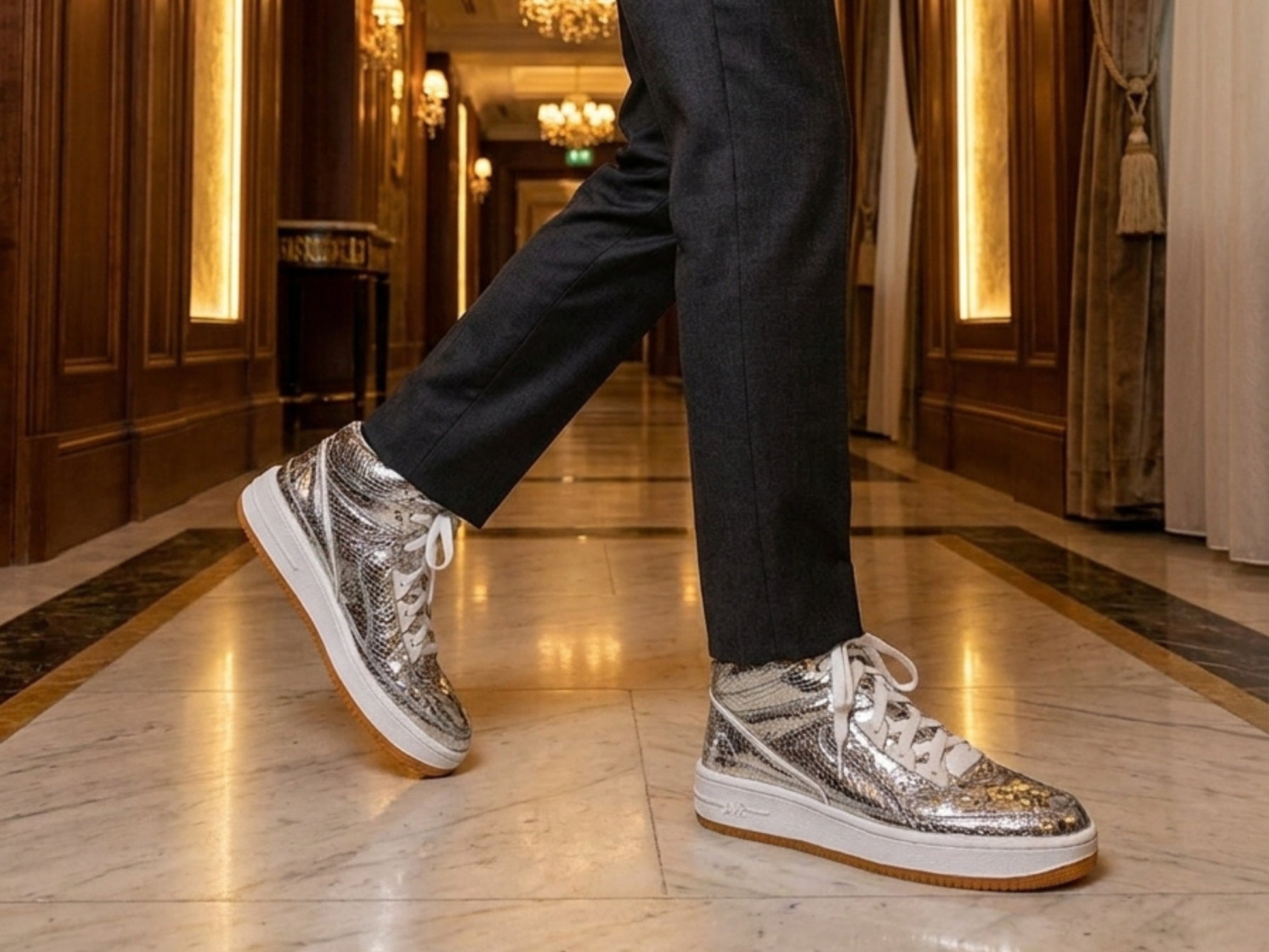 Silver Python Snakeskin Leather High-Top Sneakers