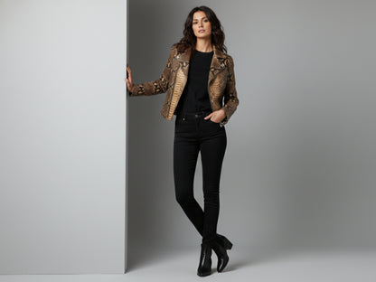 Genuine Python Snakeskin Leather Biker Jacket: Natural Brown Exotic Motorcycle Jacket