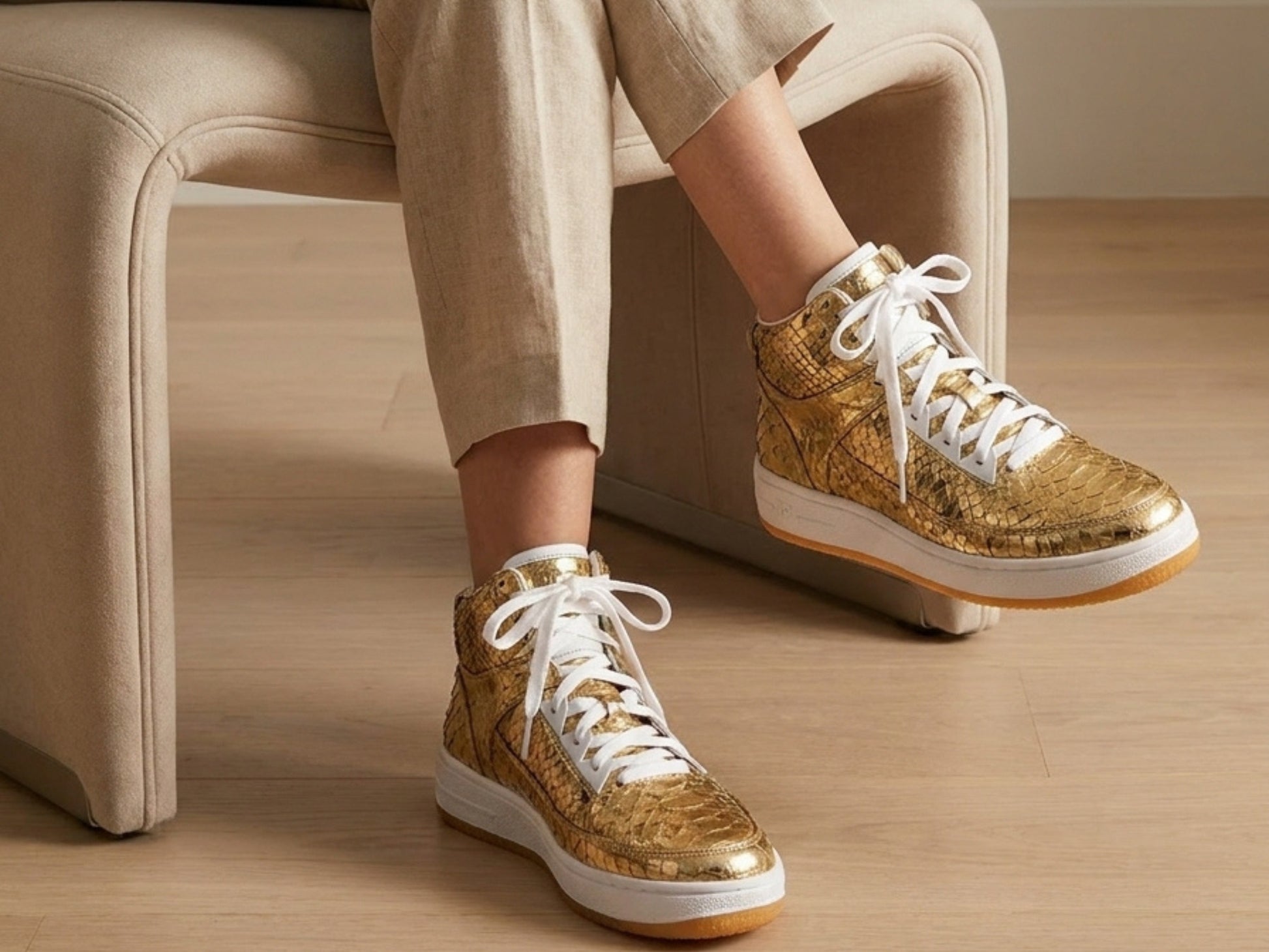 Gold Python Snakeskin Leather High-Top Sneakers