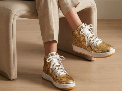Gold Python Snakeskin Leather High-Top Sneakers