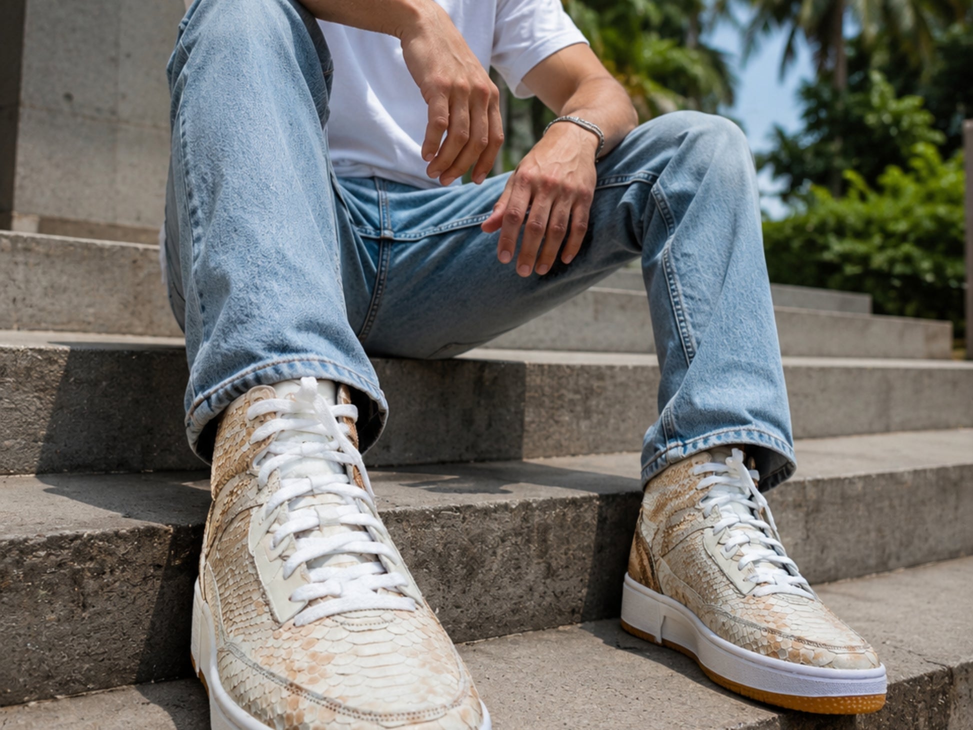 Beige Python Snakeskin Leather High-Top Sneakers