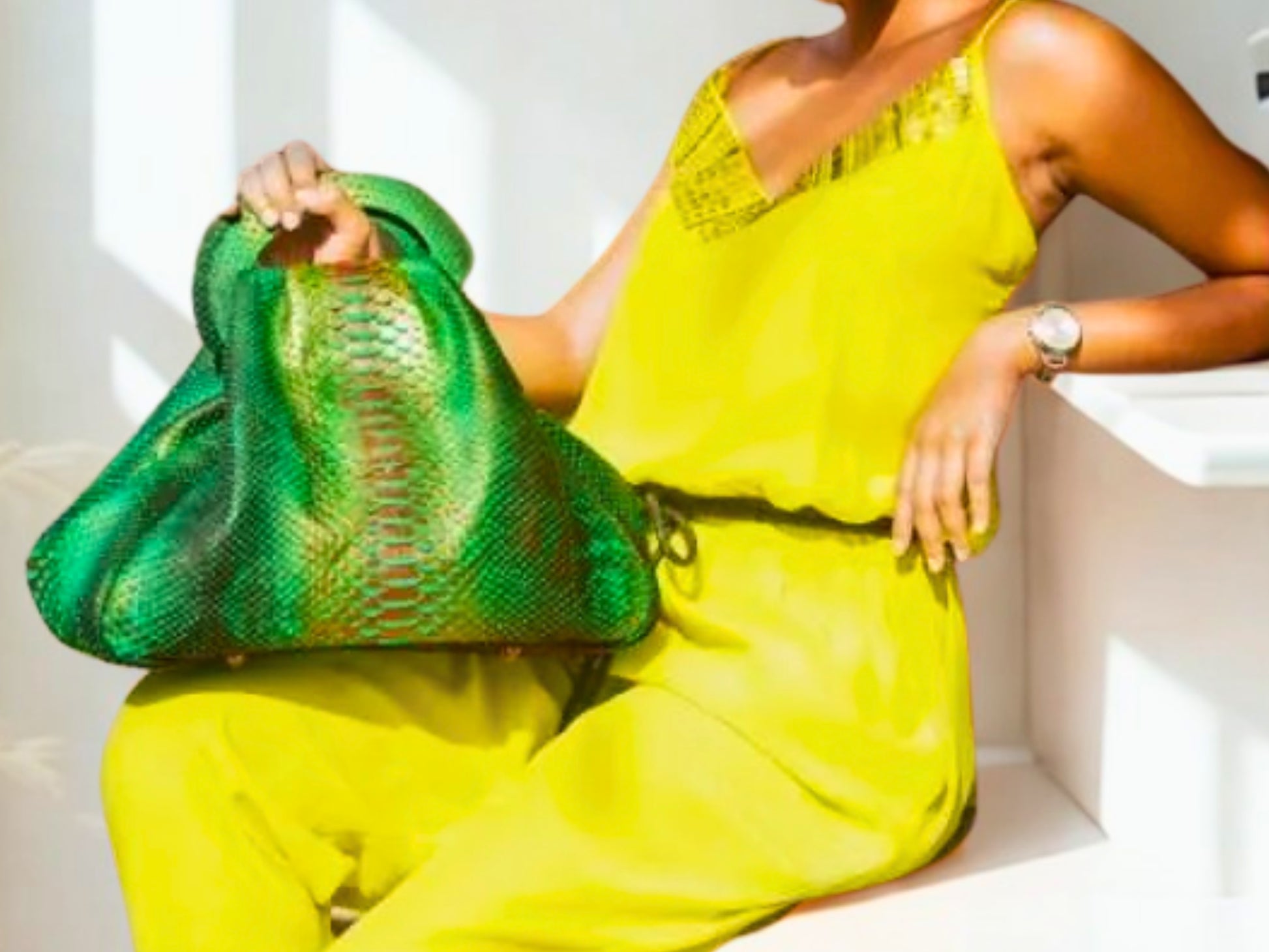 Unique Python Leather Top Handle Bag - Green