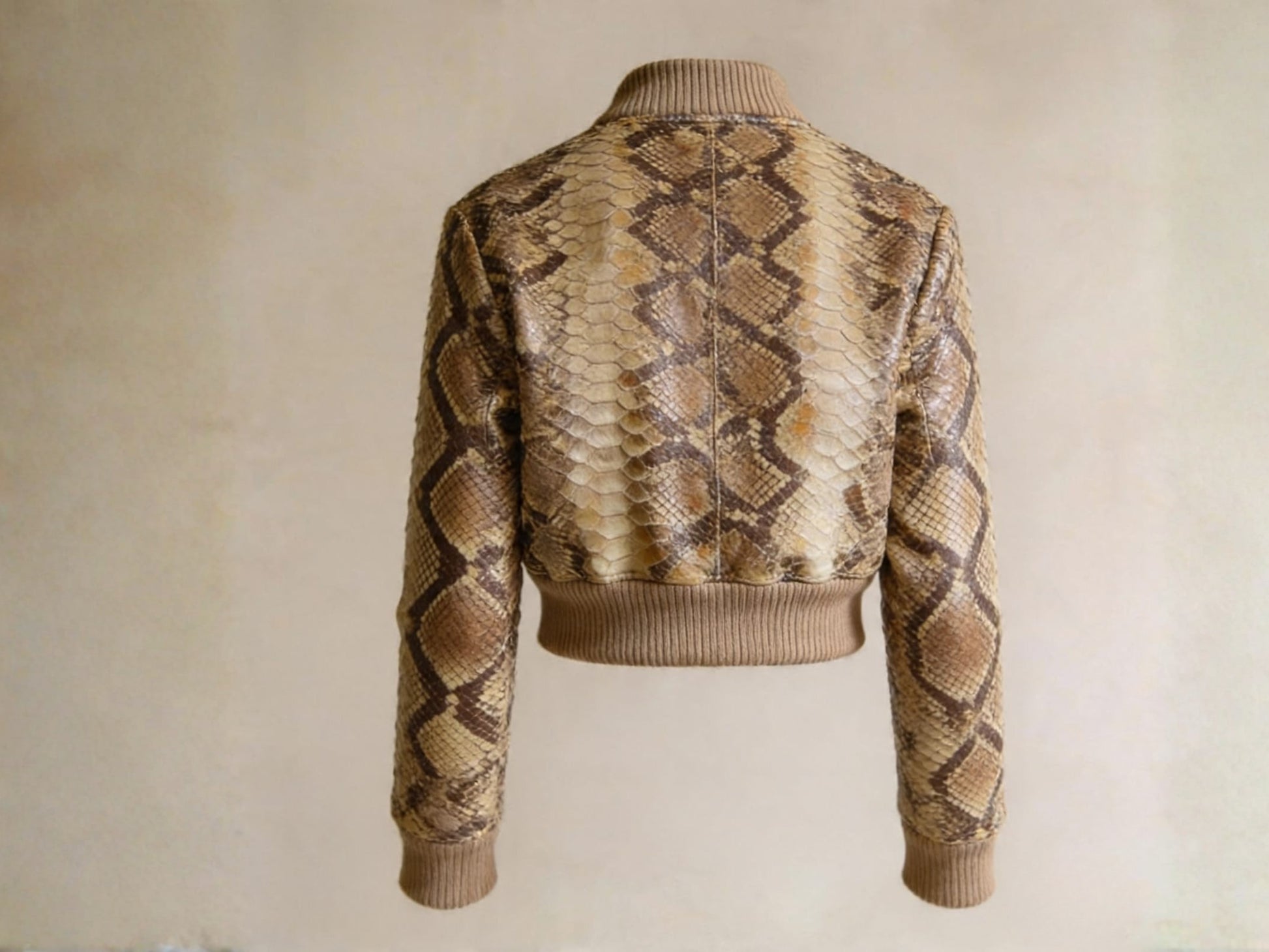 Brown Python Snakeskin Cropped Bomber Jacket