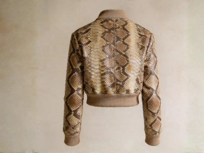Brown Python Snakeskin Cropped Bomber Jacket