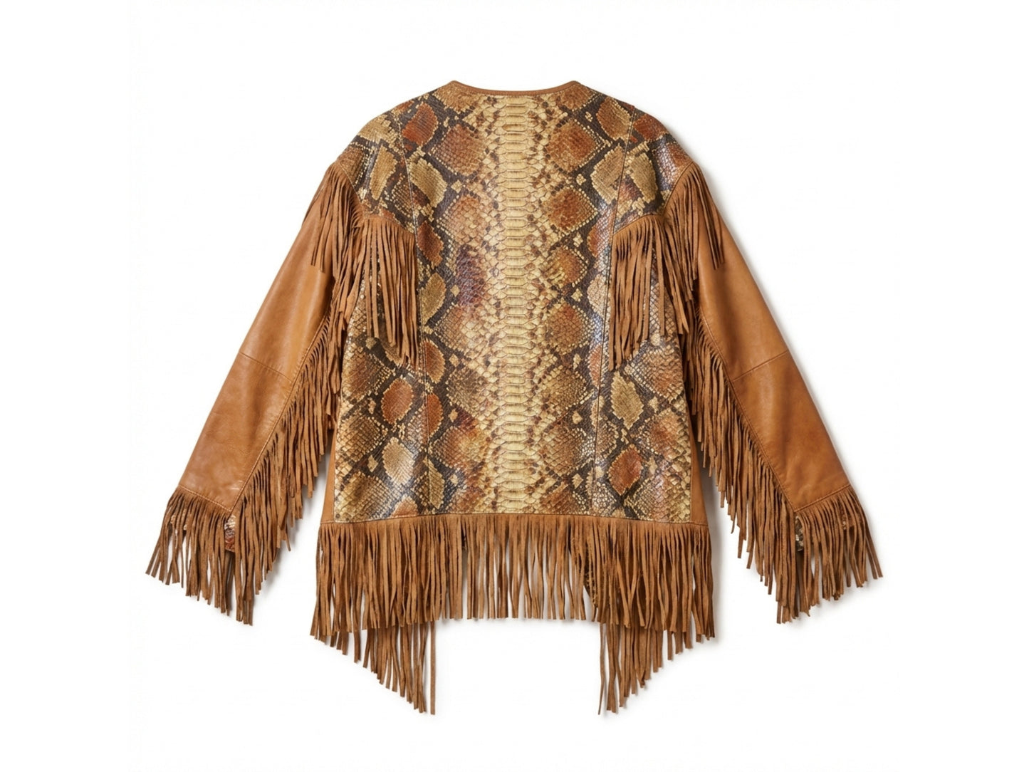 Brown Snakeskin Fringe Leather Jacket