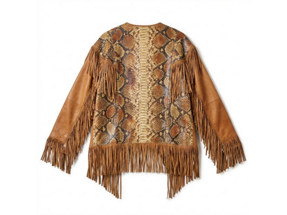 Brown Snakeskin Fringe Leather Jacket
