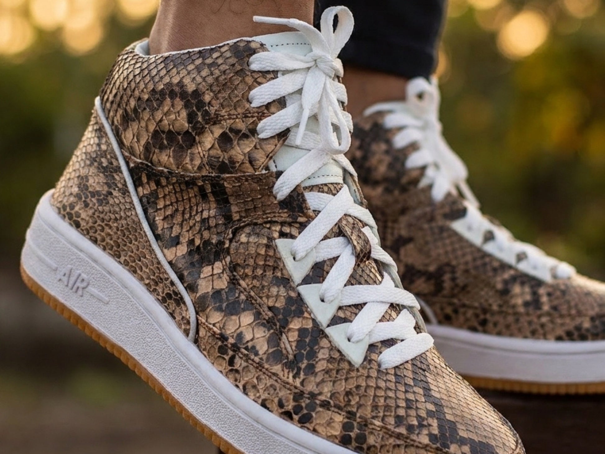 Brown Python Snakeskin Leather High-Top Sneakers