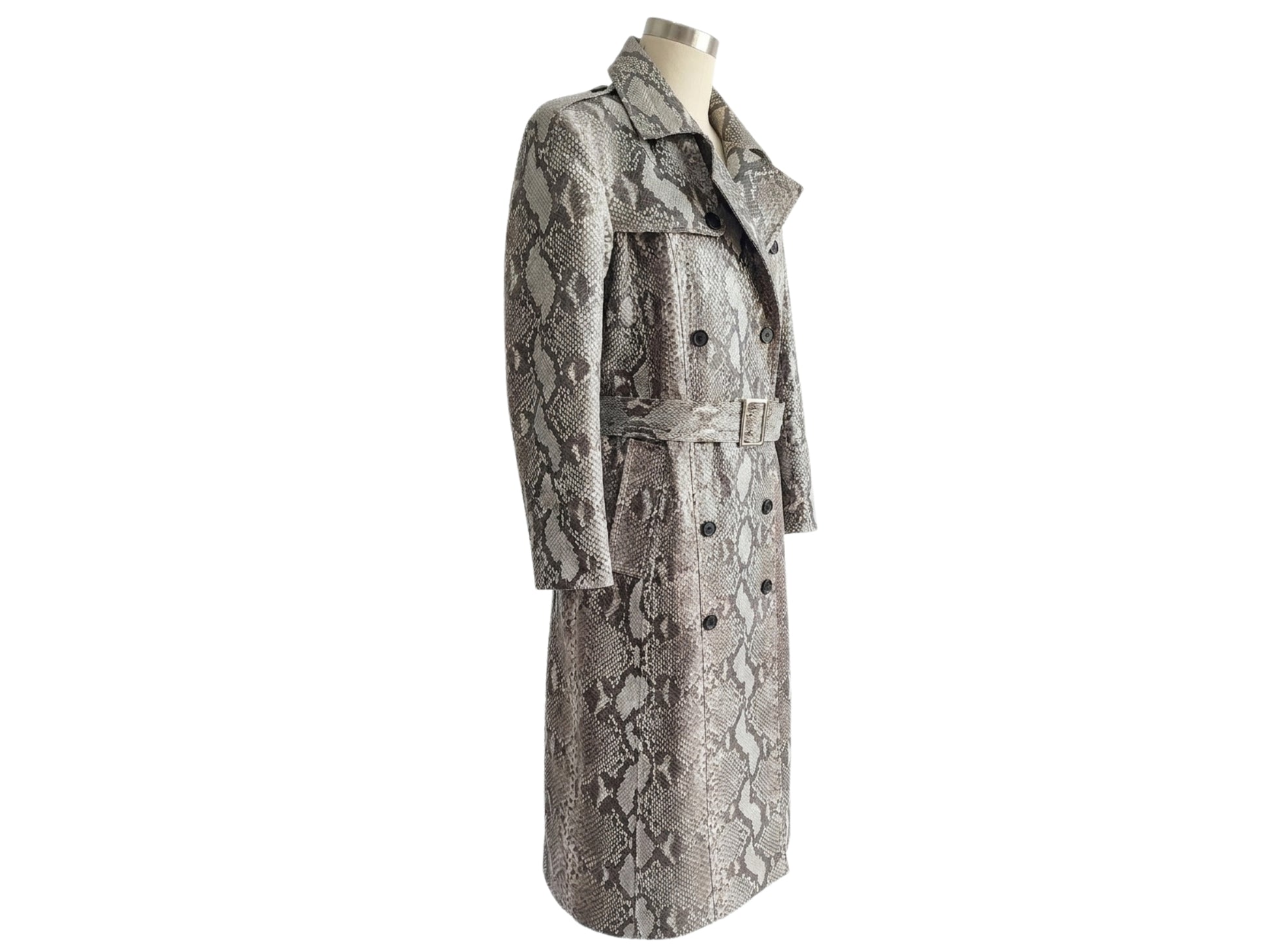 Natural Gray Python Snakeskin Long Trench Coat