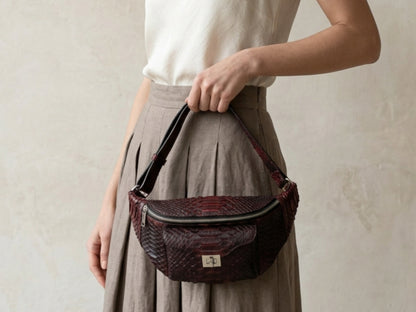 Genuine Python Snakeskin Waist Bag: Black Gradation Red Exotic Leather Fanny Pack