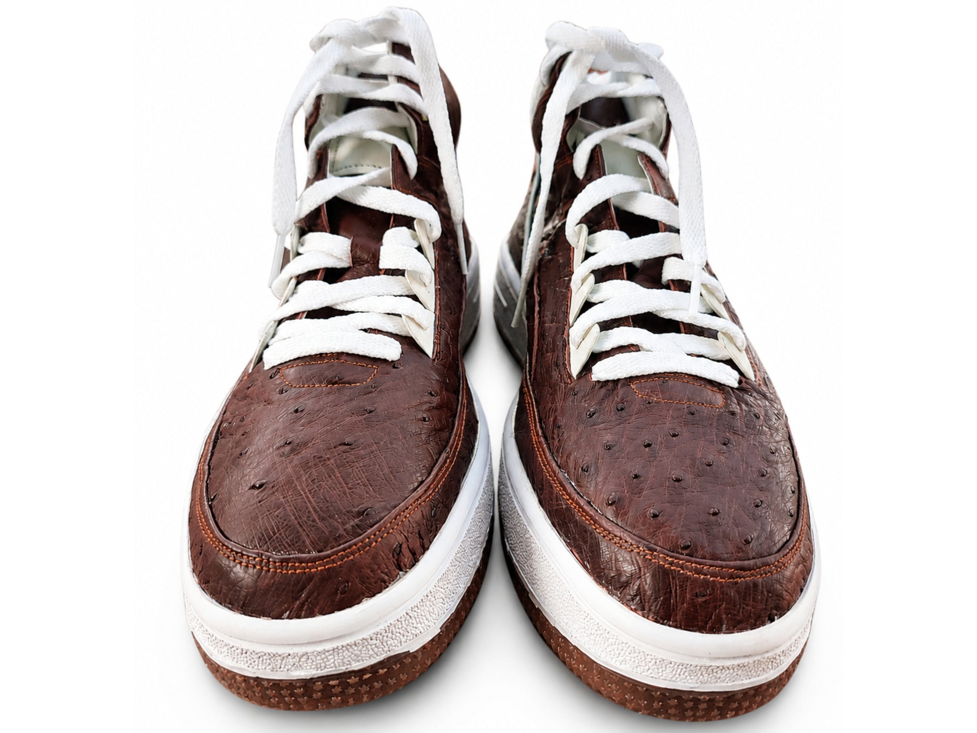 Brown Ostrich Skin Leather High-Top Sneakers