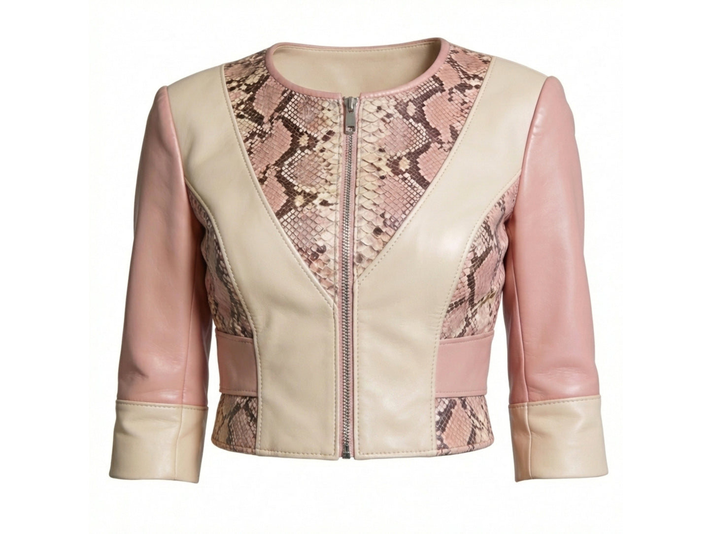 Blush Snakeskin Panel Cropped Leather Jacket