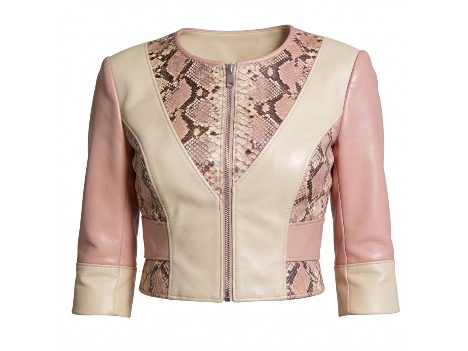 Blush Snakeskin Panel Cropped Leather Jacket