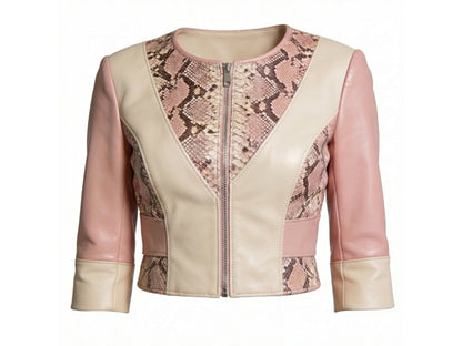 Blush Snakeskin Panel Cropped Leather Jacket