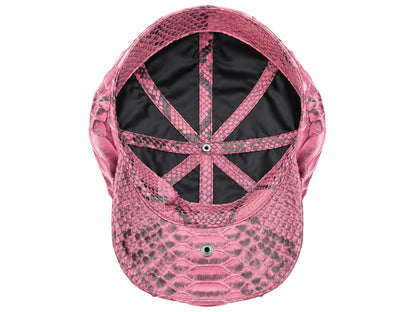 A maroon python newsboy cap shown from the back, featuring a black fabric lining and a pink and black snakeskin pattern on the crown and visor.