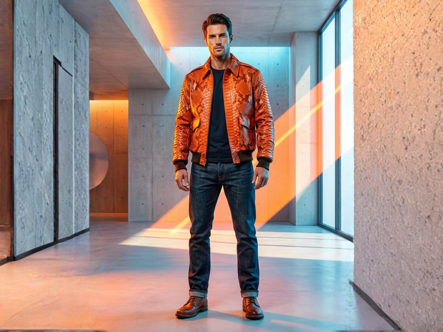Flame Orange Python Snakeskin Bomber Jacket