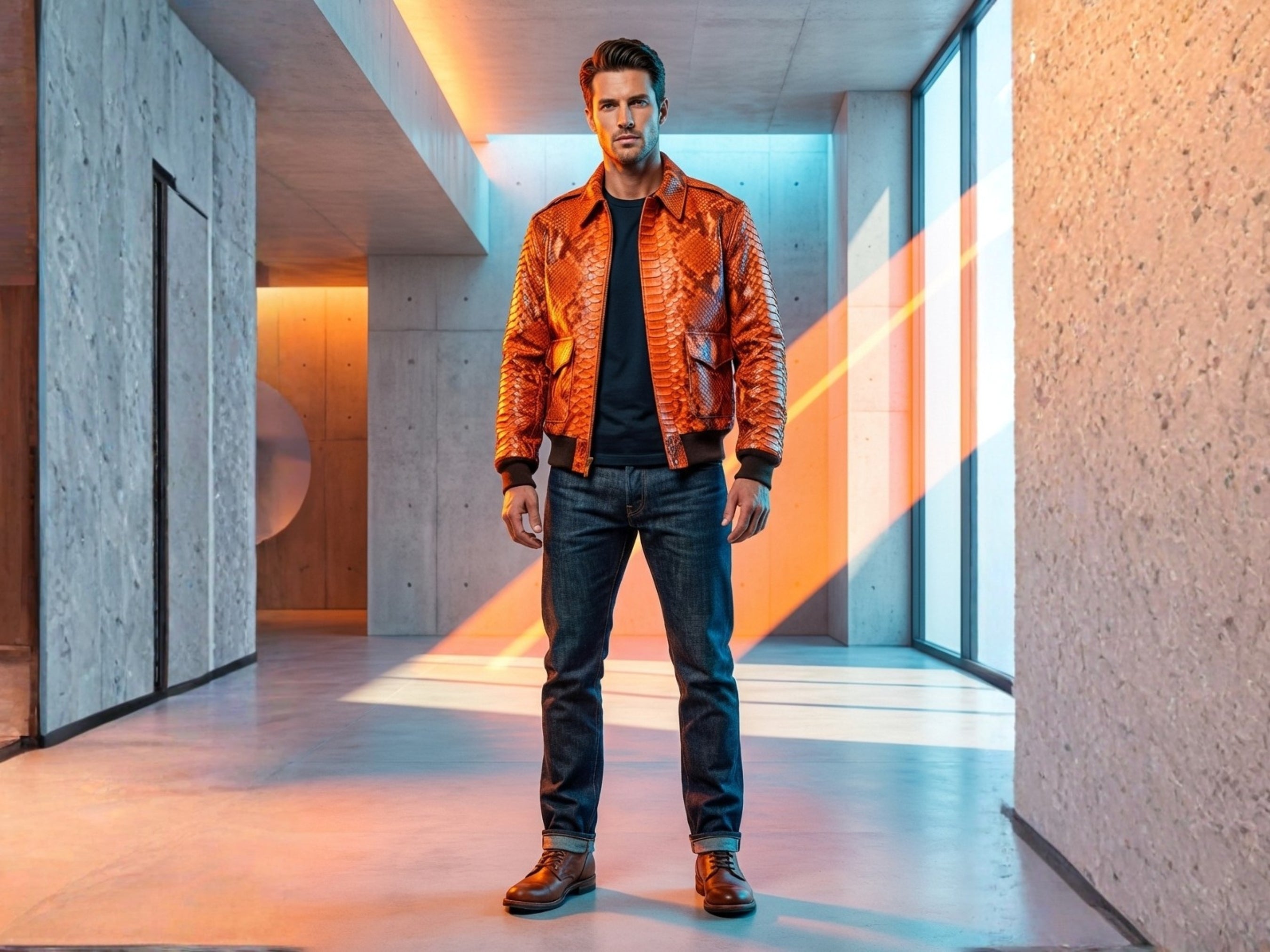 Flame Orange Python Snakeskin Bomber Jacket