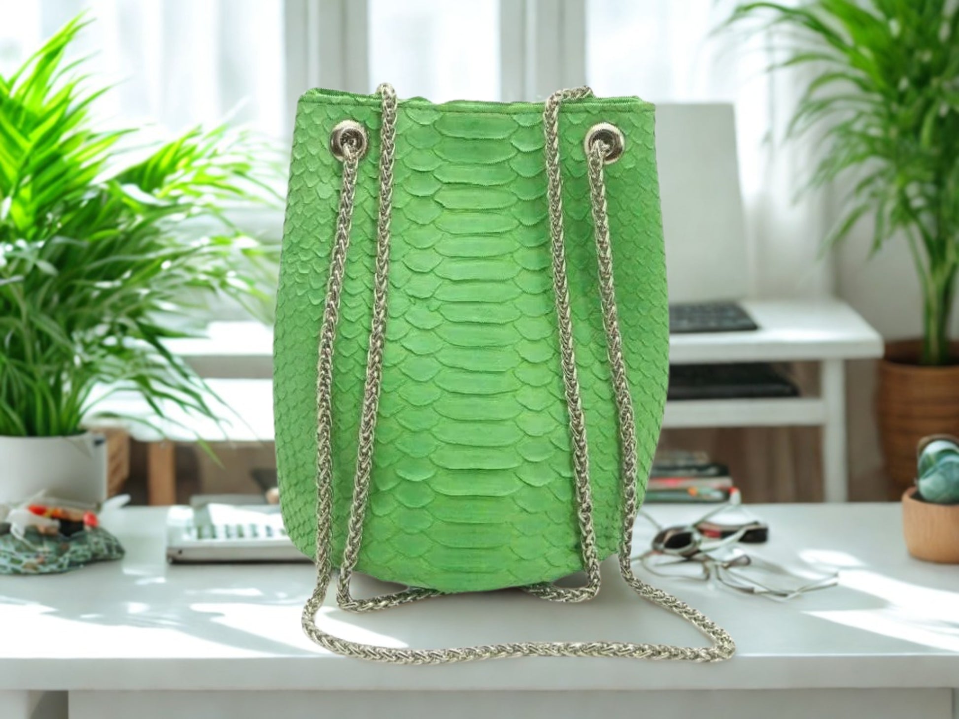 Real Snakeskin Drawstring Bag - Green