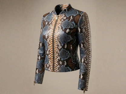 Exotic Blue Brown Python Snakeskin Leather Jacket