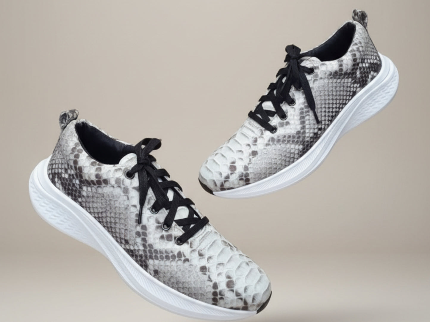 Natural Gray Python Snakeskin Sneakers: Real Exotic Leather Shoes