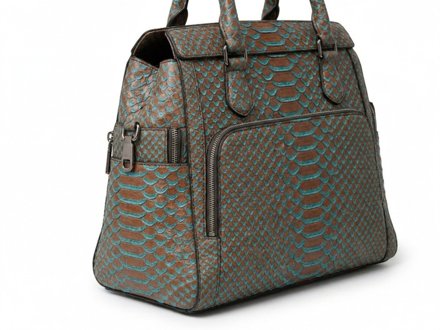Brown Turquoise Python Snakeskin Leather Satchel Tote