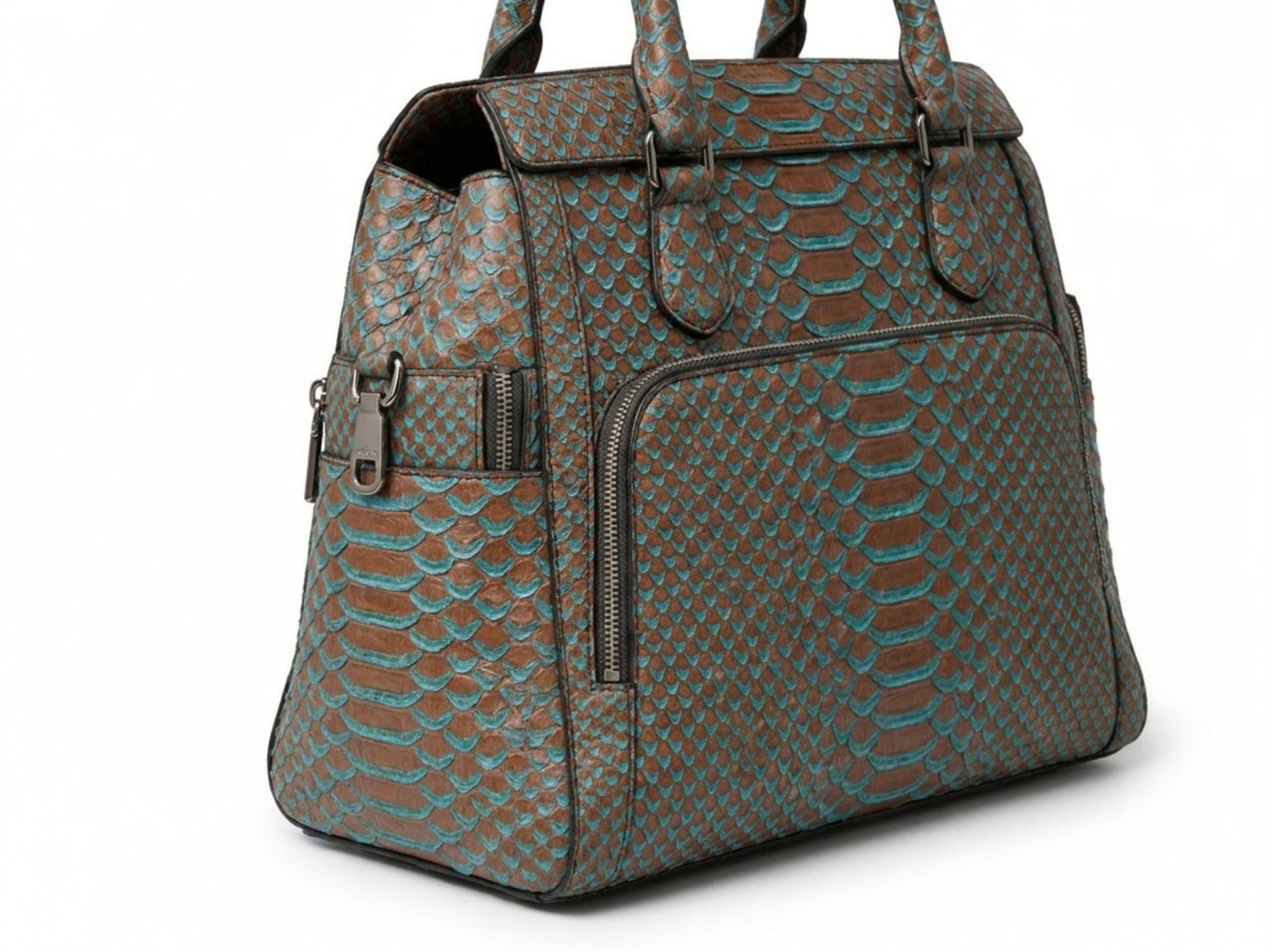 Brown Turquoise Python Snakeskin Leather Satchel Tote