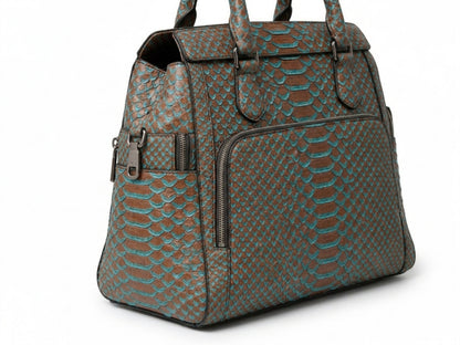 Brown Turquoise Python Snakeskin Leather Satchel Tote