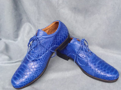 Blue Python Snakeskin Oxford Shoes for Men: Handmade Exotic Leather Dress Shoes