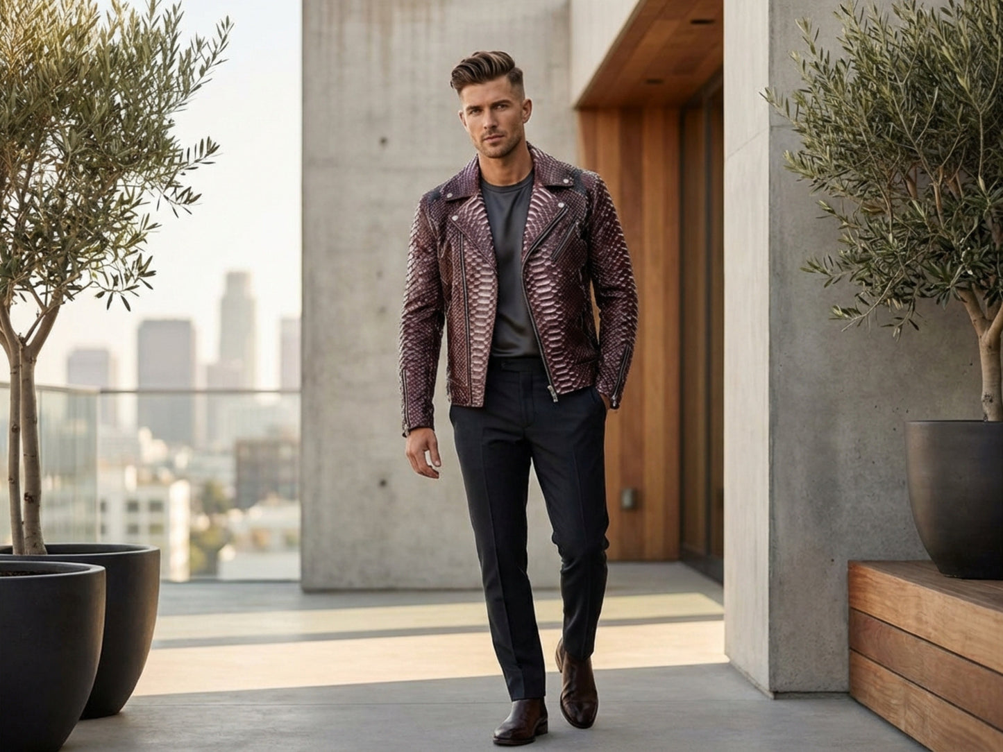 Genuine Python Snakeskin Leather Biker Jacket: Gradient Burgundy Exotic Motorcycle Jacket