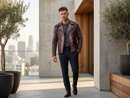 Genuine Python Snakeskin Leather Biker Jacket: Gradient Burgundy Exotic Motorcycle Jacket