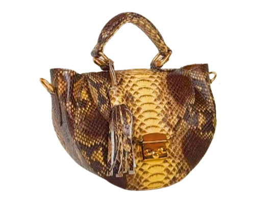 Oval Snakeskin Satchel Handbag - Brown