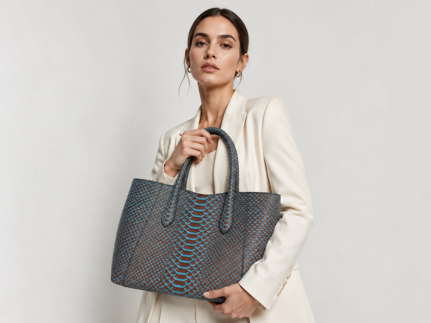 Aqua Brown Python Snakeskin Tote Leather Bag