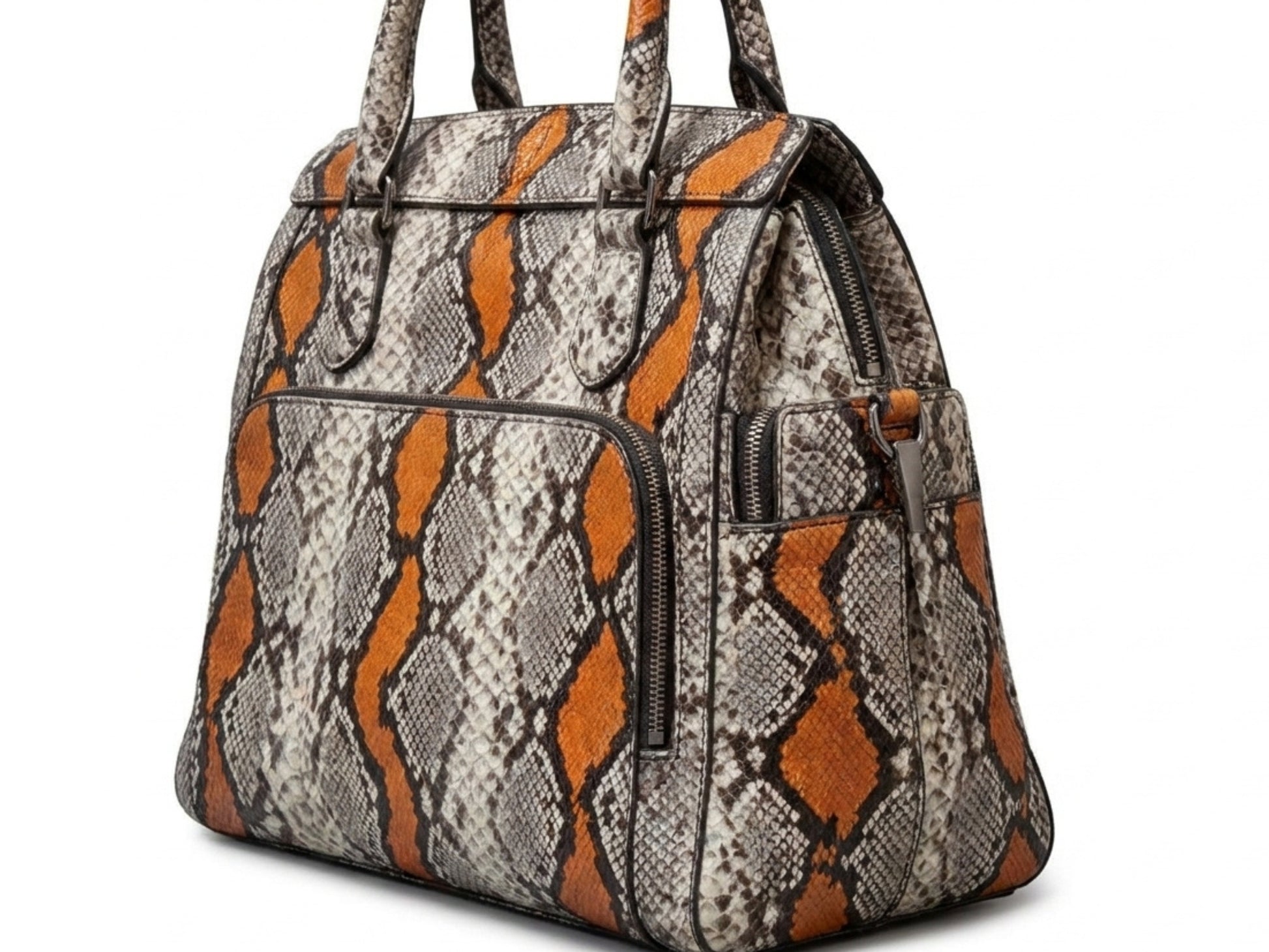 Orange Python Snakeskin Leather Satchel Tote