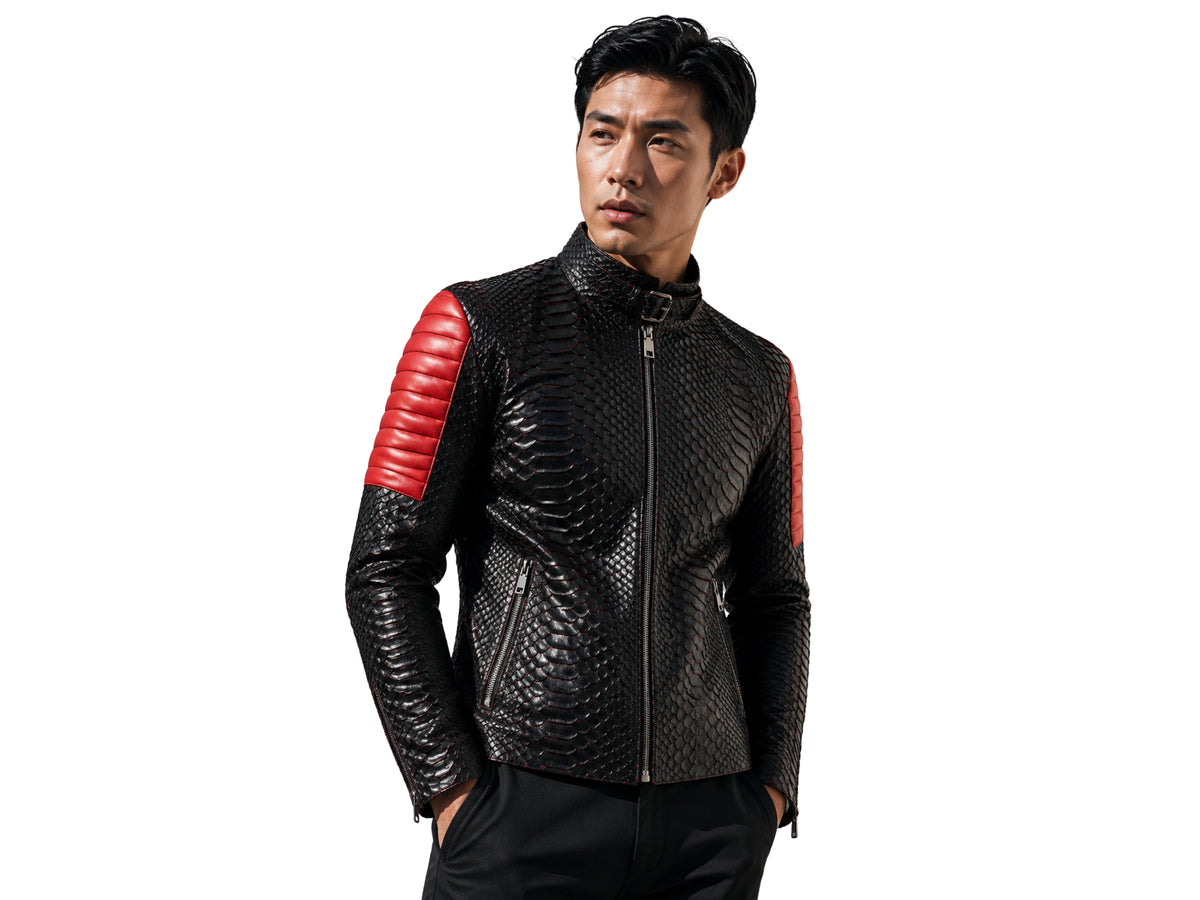 Python Snakeskin Leather Jacket: Quilted Sleeves - LFM Fashion International LLC