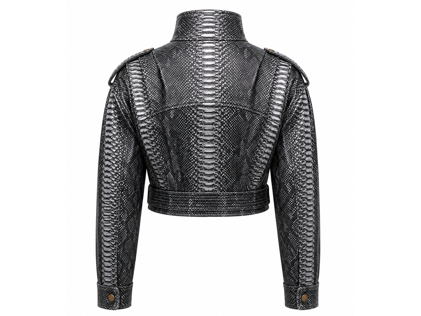 Back view of genuine black python snakeskin cropped jacket showing central scale panel, shoulder epaulettes, sleeves and cropped waist

