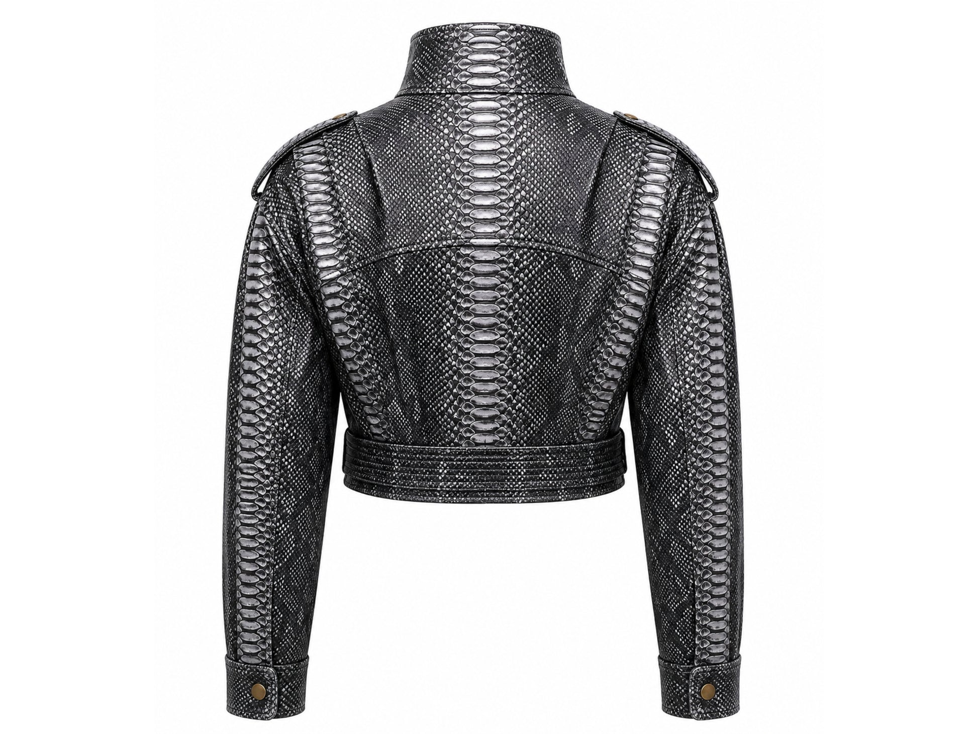 Back view of genuine black python snakeskin cropped jacket showing central scale panel, shoulder epaulettes, sleeves and cropped waist
