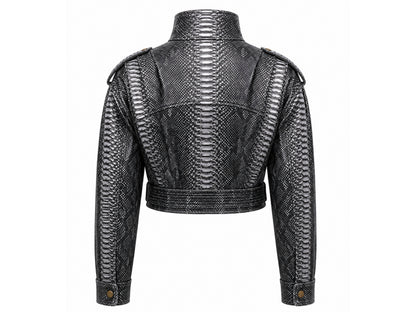 Back view of genuine black python snakeskin cropped jacket showing central scale panel, shoulder epaulettes, sleeves and cropped waist
