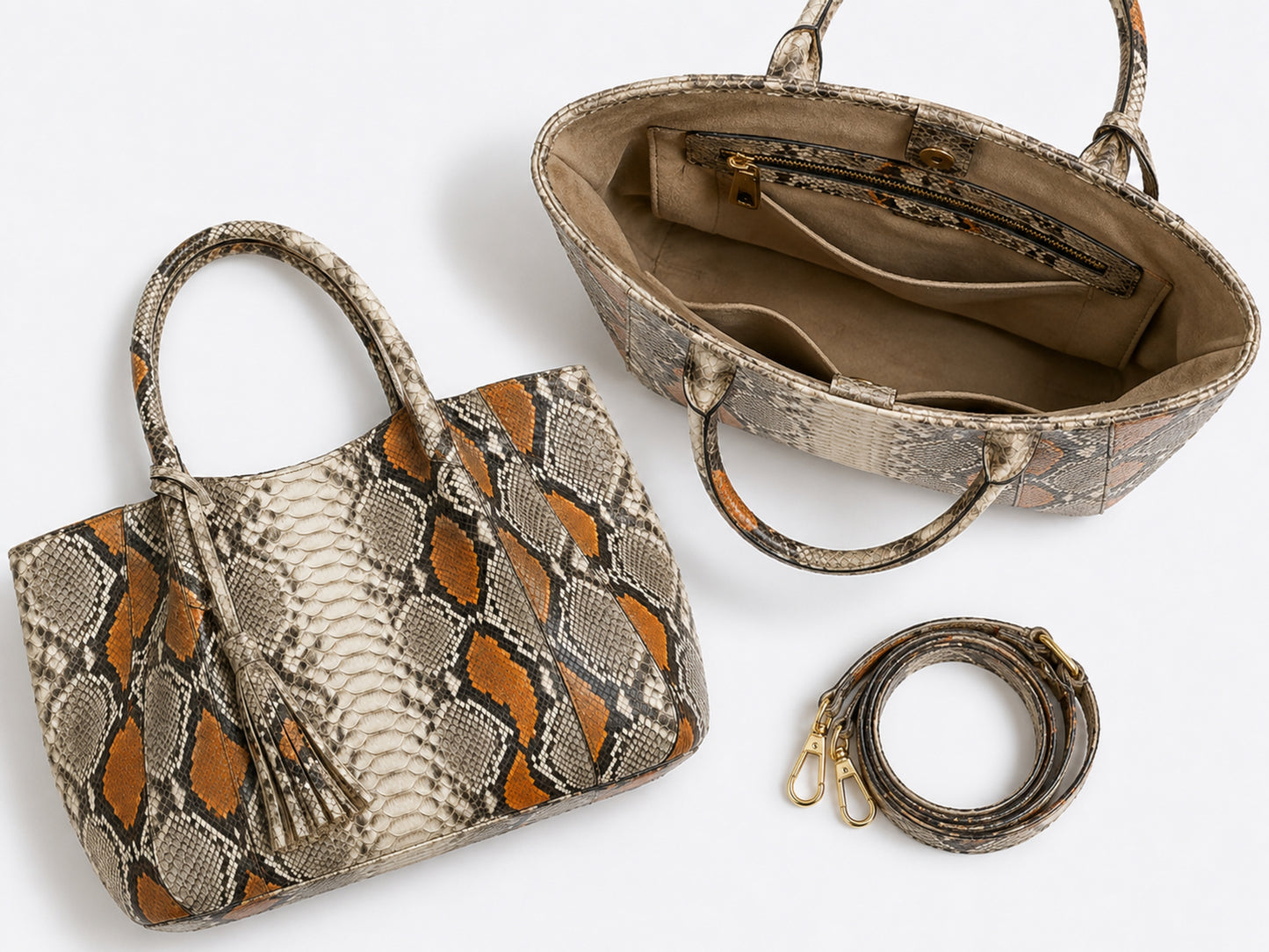 Orange Python Snakeskin Tote Leather Bag