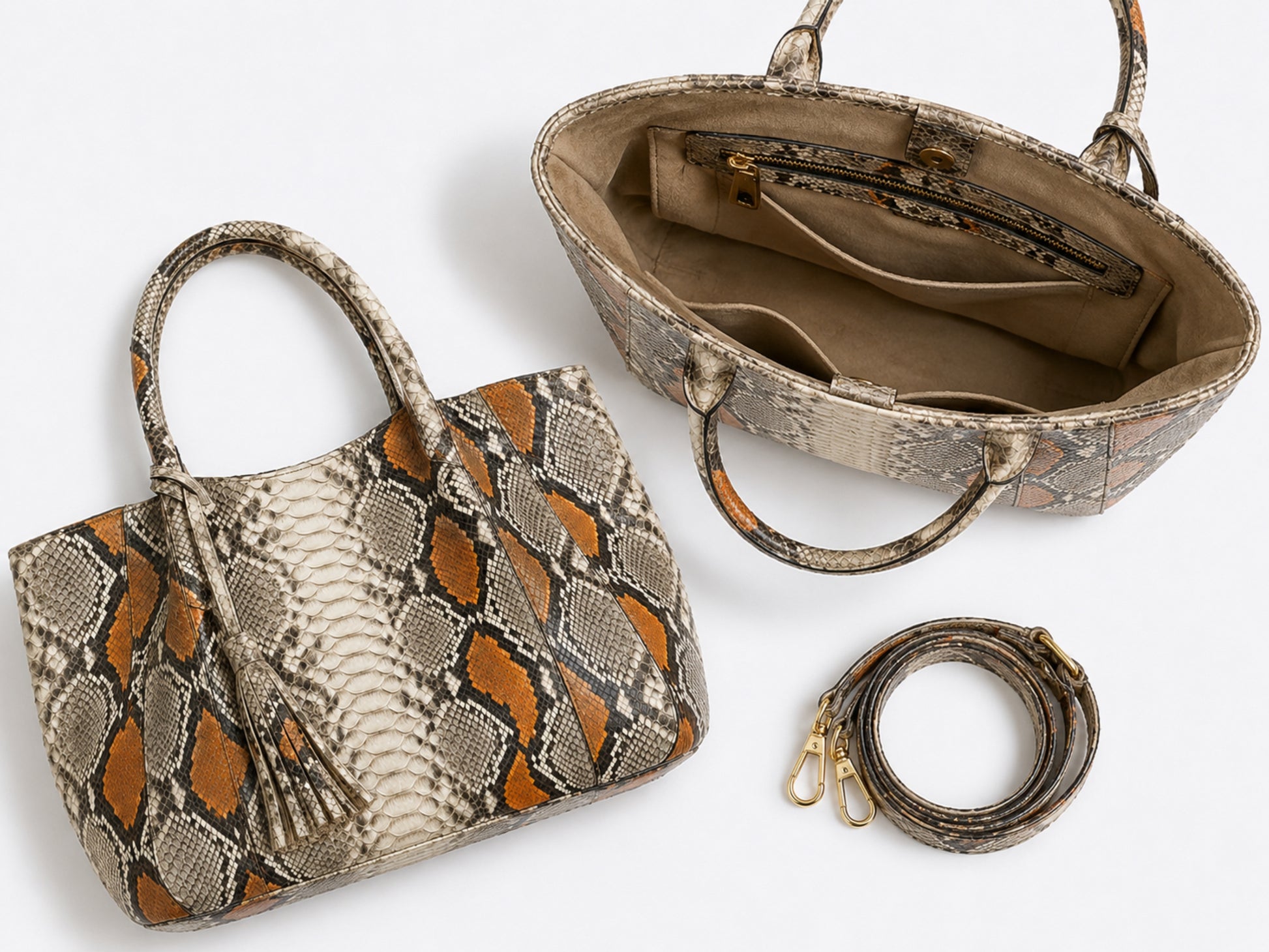 Orange Python Snakeskin Tote Leather Bag