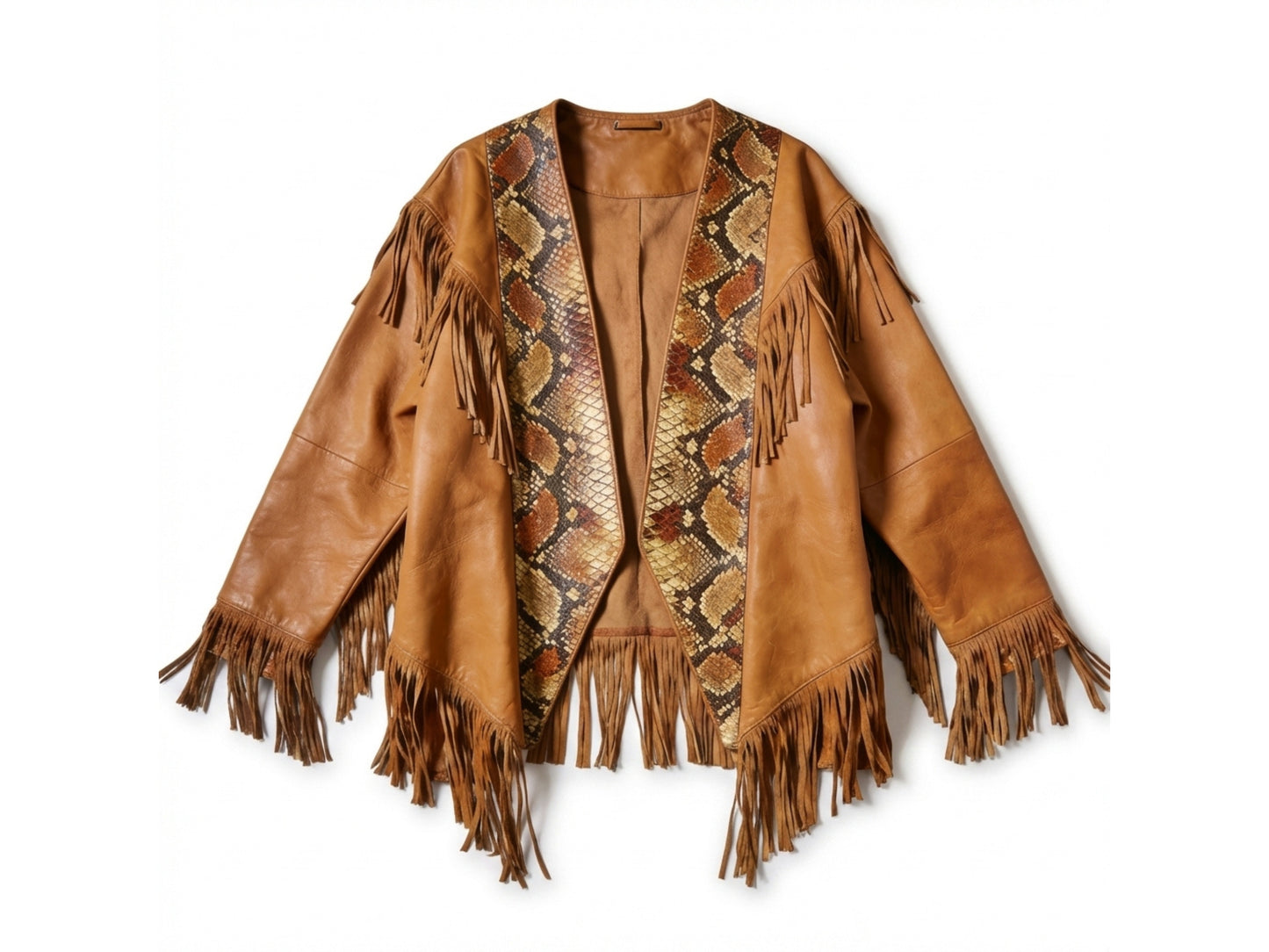 Brown Snakeskin Fringe Leather Jacket