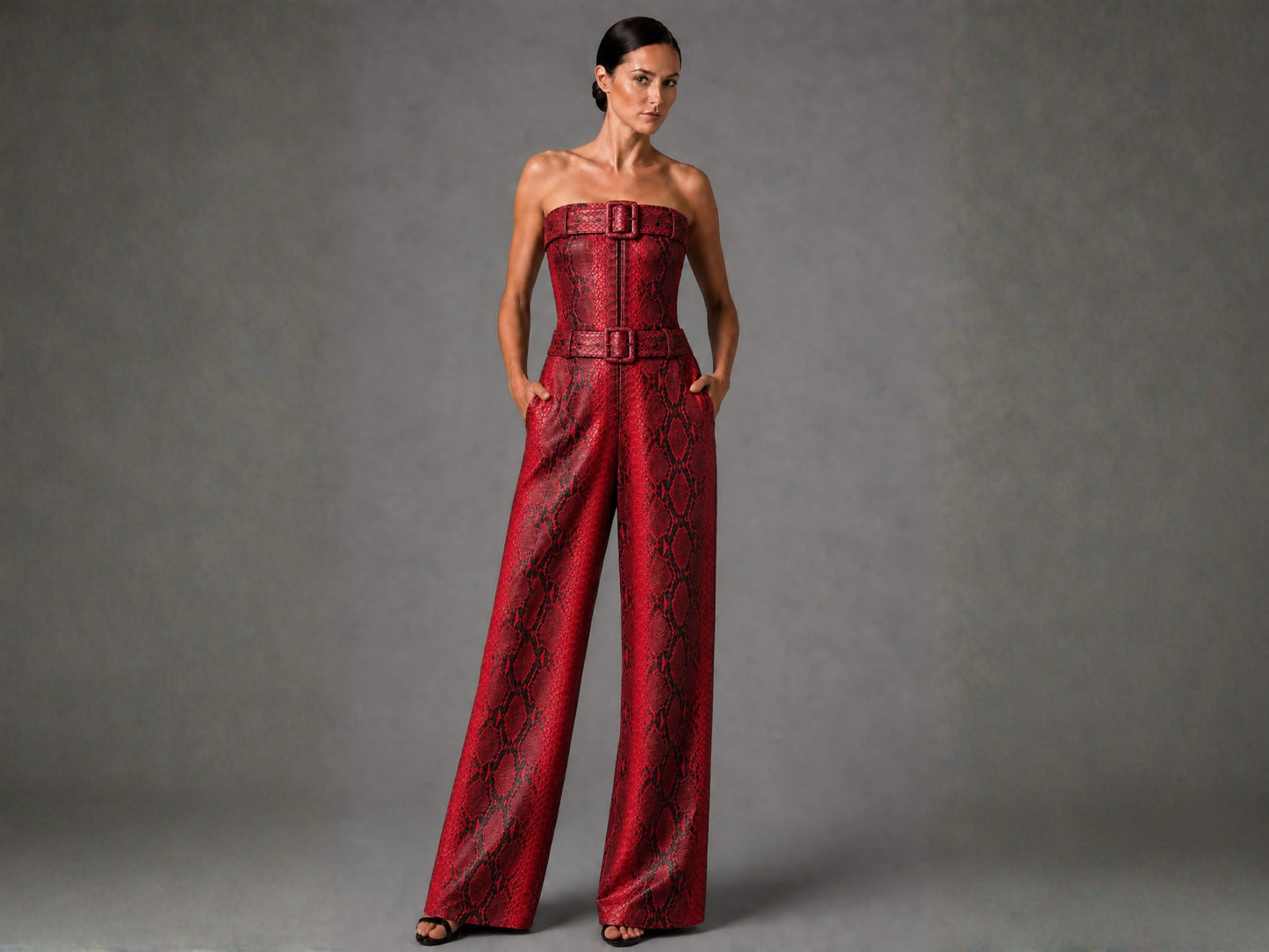 A woman modeling a strapless red snakeskin-patterned jumpsuit with wide legs and a matching belt, standing against a textured gray studio background.