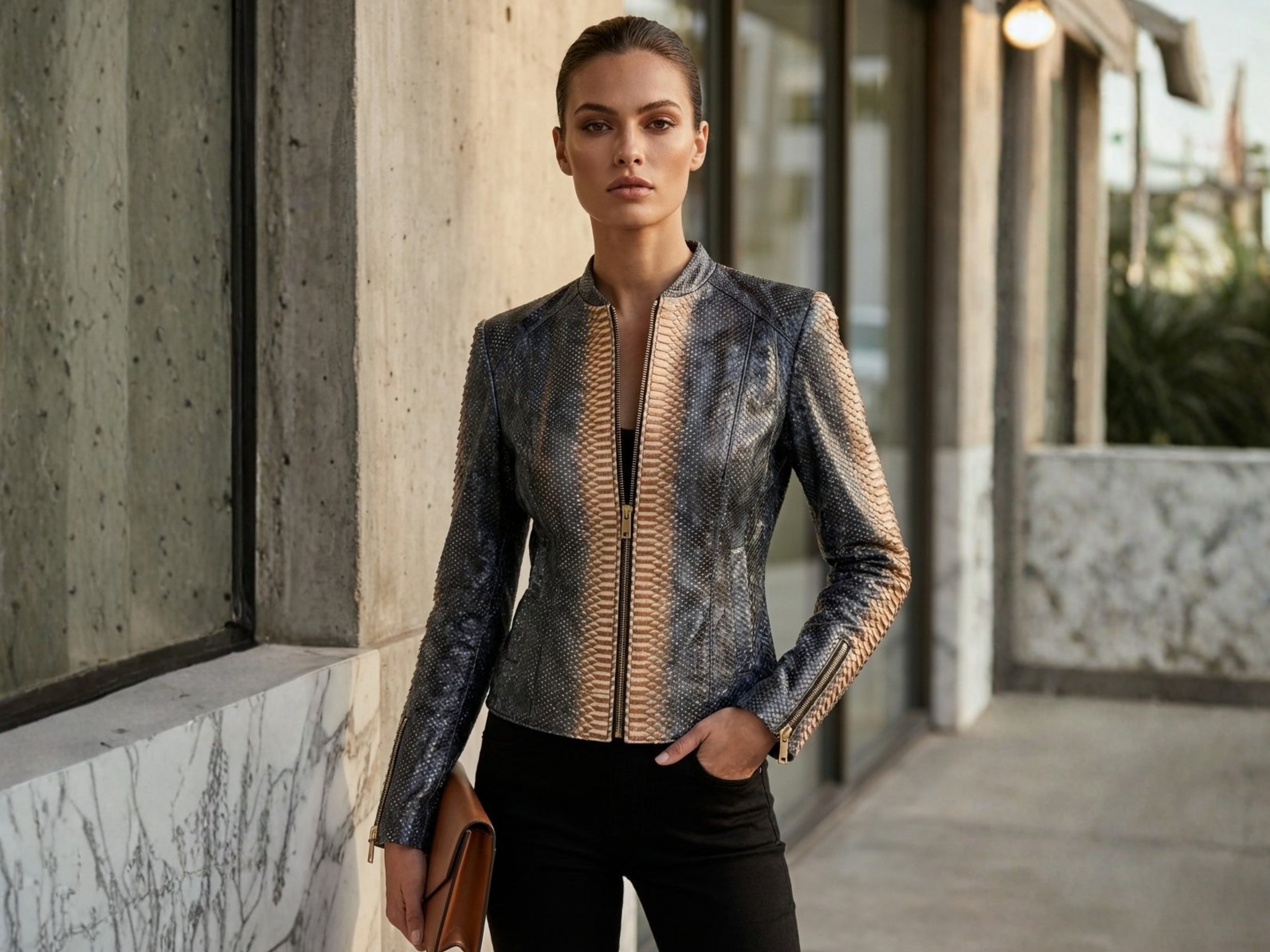 Black Charcoal Python Snakeskin Jacket | LFM Fashion
