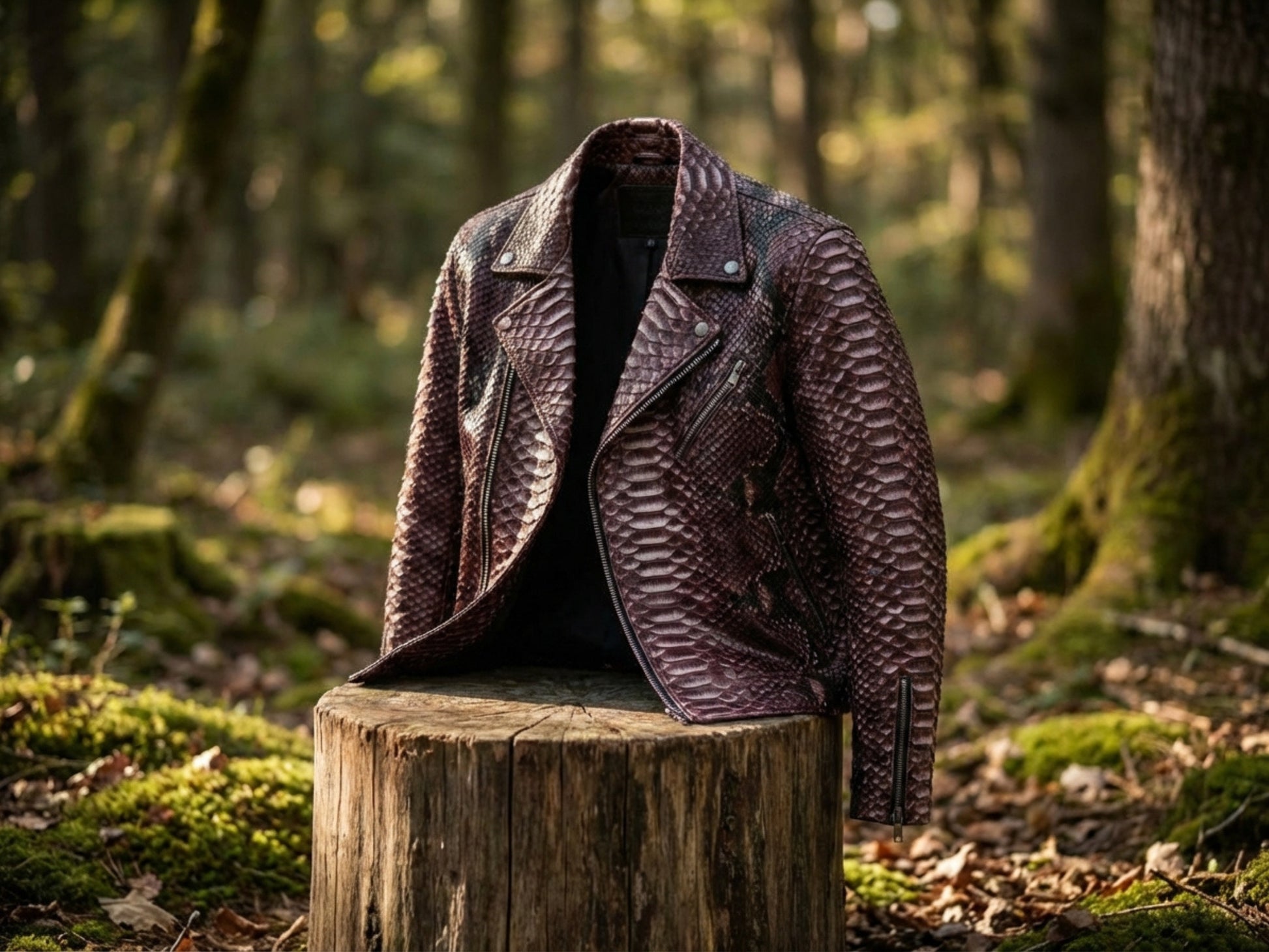 Genuine Python Snakeskin Leather Biker Jacket: Gradient Burgundy Exotic Motorcycle Jacket