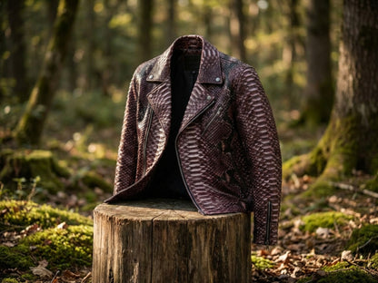Genuine Python Snakeskin Leather Biker Jacket: Gradient Burgundy Exotic Motorcycle Jacket