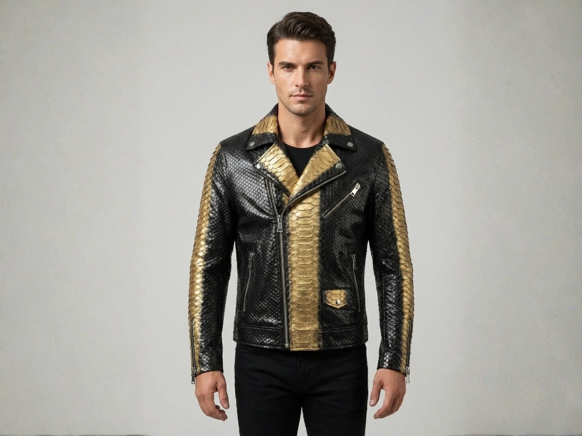 Genuine Python Snakeskin Biker Jacket: Black Gold Exotic Leather Motorcycle Jacket