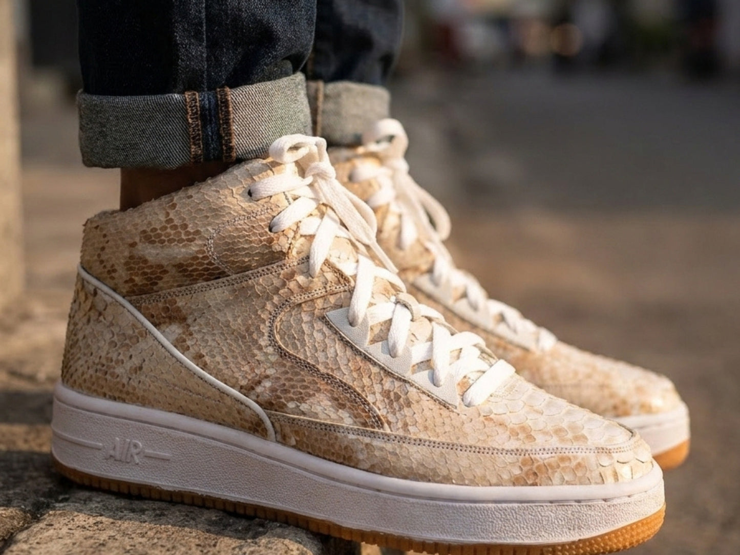 Beige Python Snakeskin Leather High-Top Sneakers