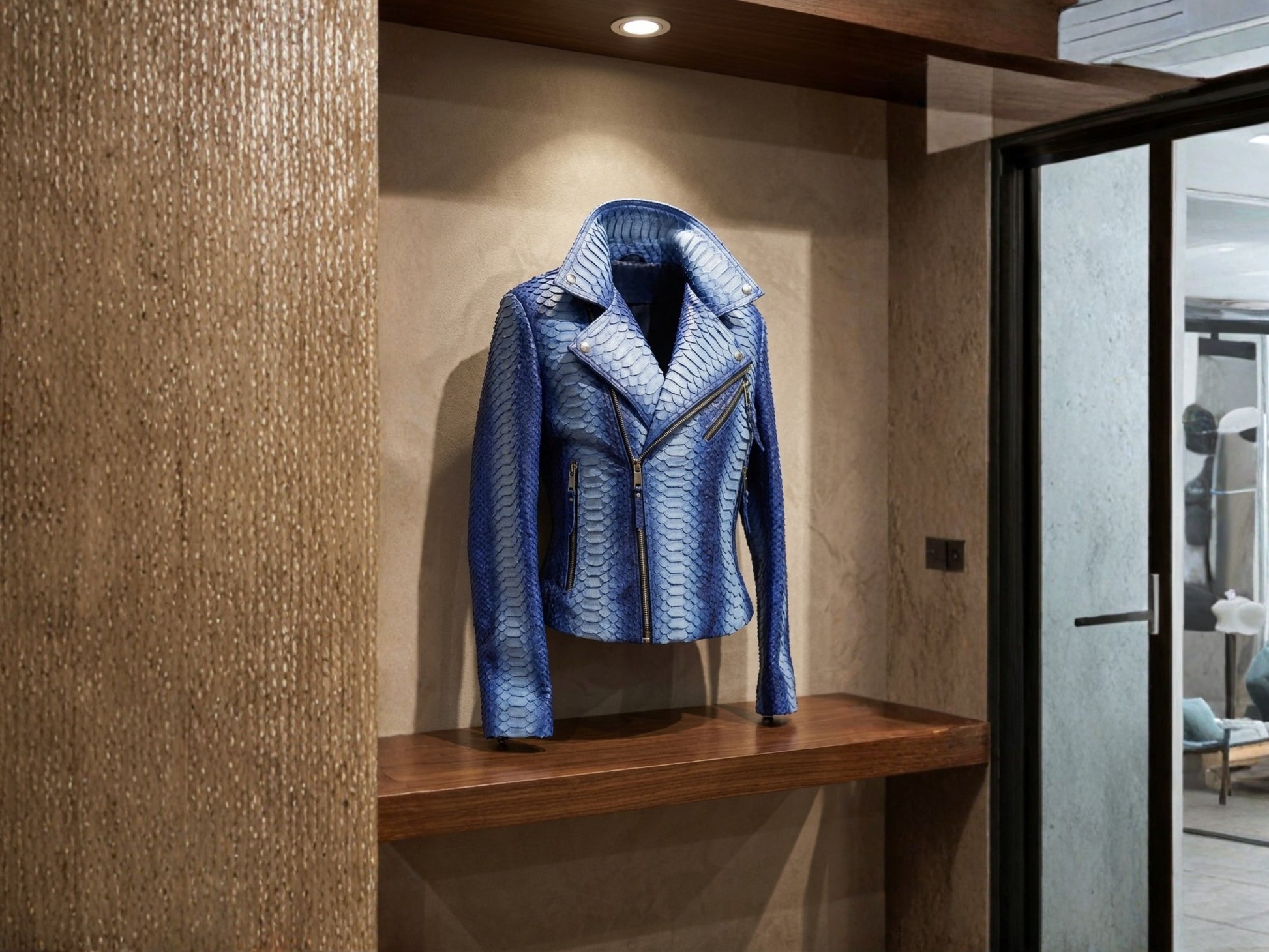 Handmade Blue Python Snakeskin Biker Jacket – Exotic Leather Moto Coat