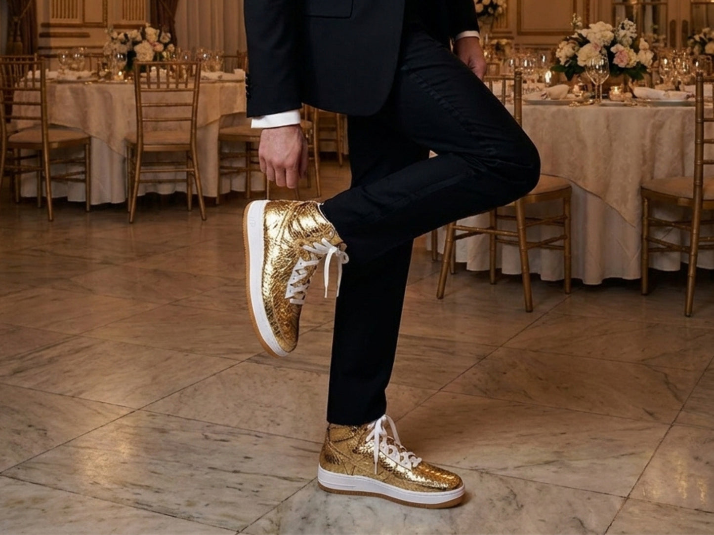 Gold Python Snakeskin Leather High-Top Sneakers