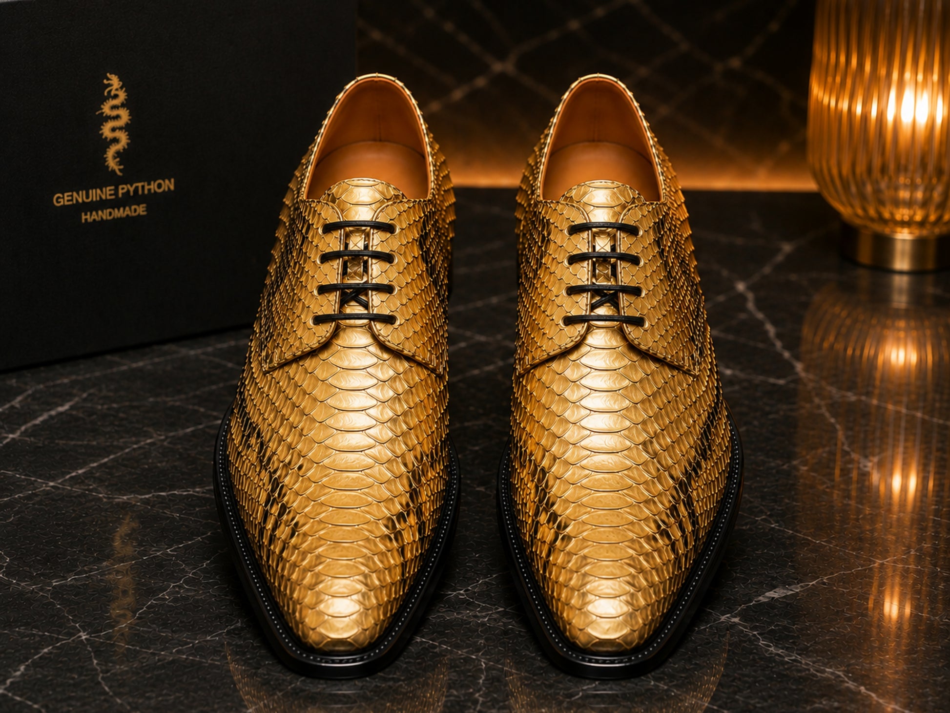 Pair of gold python snakeskin dress shoes with luxury finish
