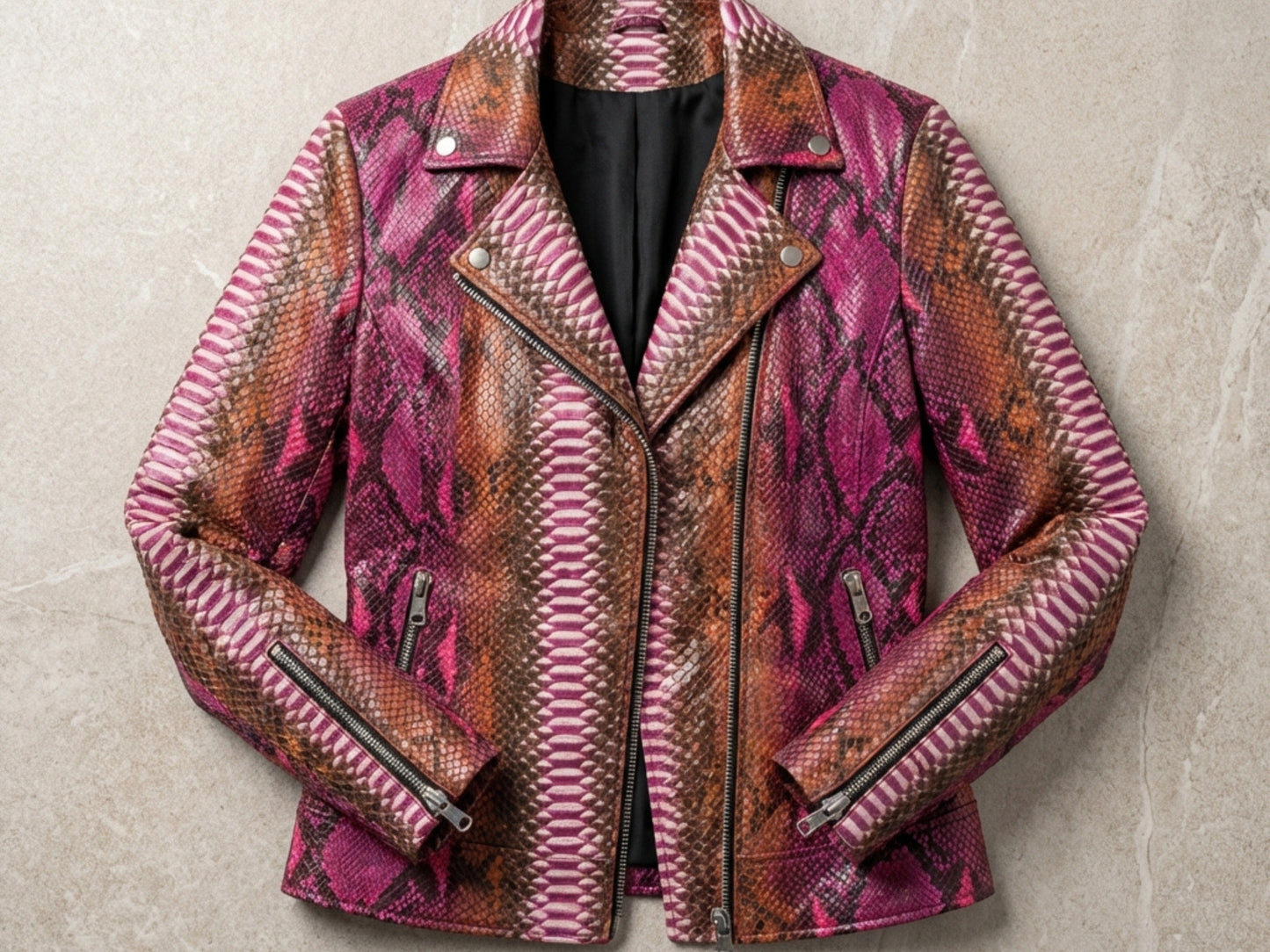 Genuine Python Snakeskin Leather Biker Jacket for Women: Pink Brown Exotic Motorcycle Jacket