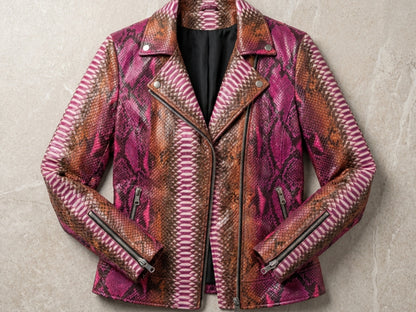 Genuine Python Snakeskin Leather Biker Jacket for Women: Pink Brown Exotic Motorcycle Jacket